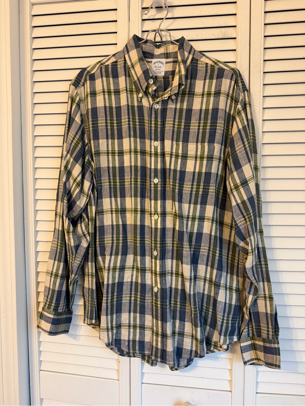 Brooks Brothers Regent Plaid Irish Linen Long Sleeve Shirt Mens Large Blue Green
